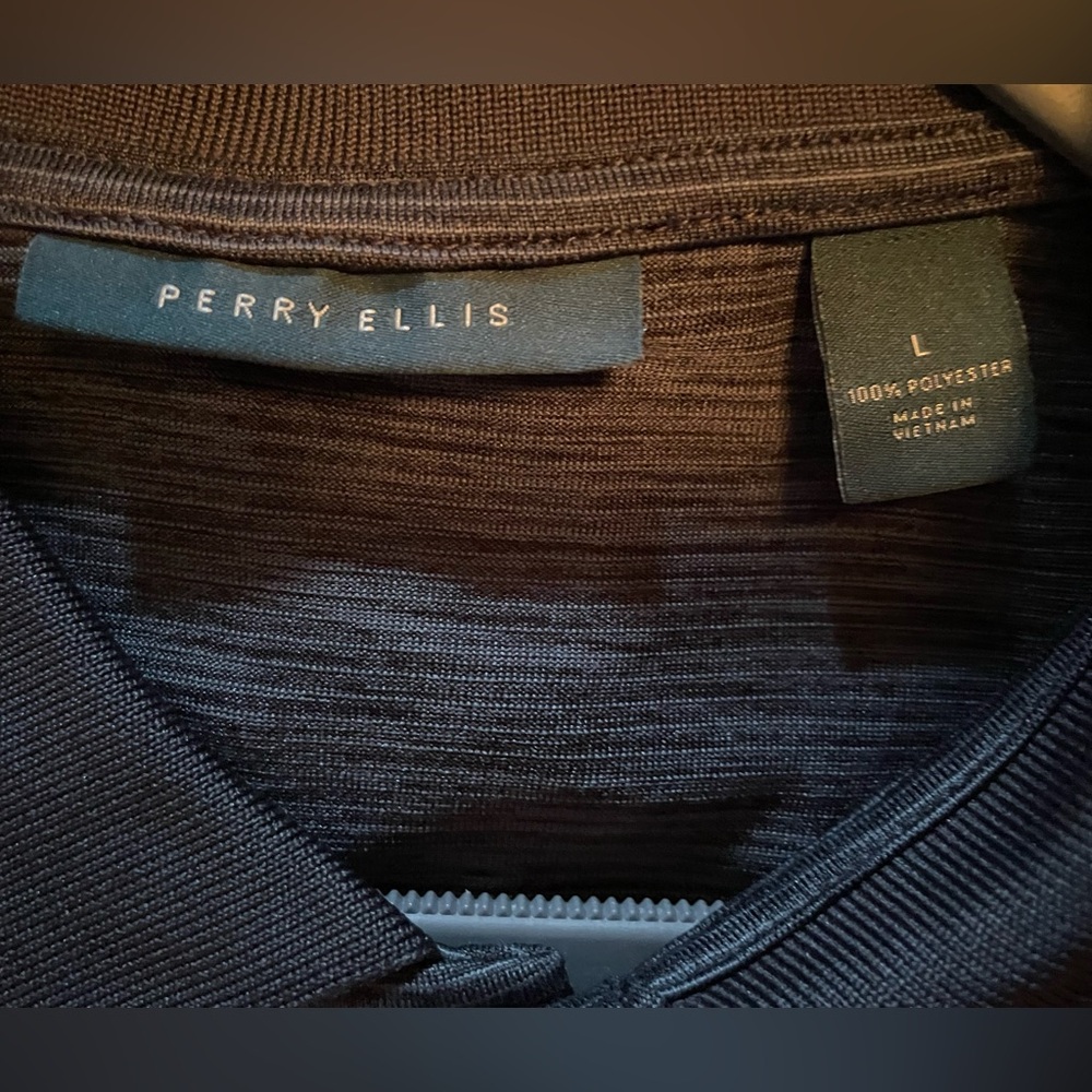 Perry Ellis as L gray/black stripe collared polo t-shirt